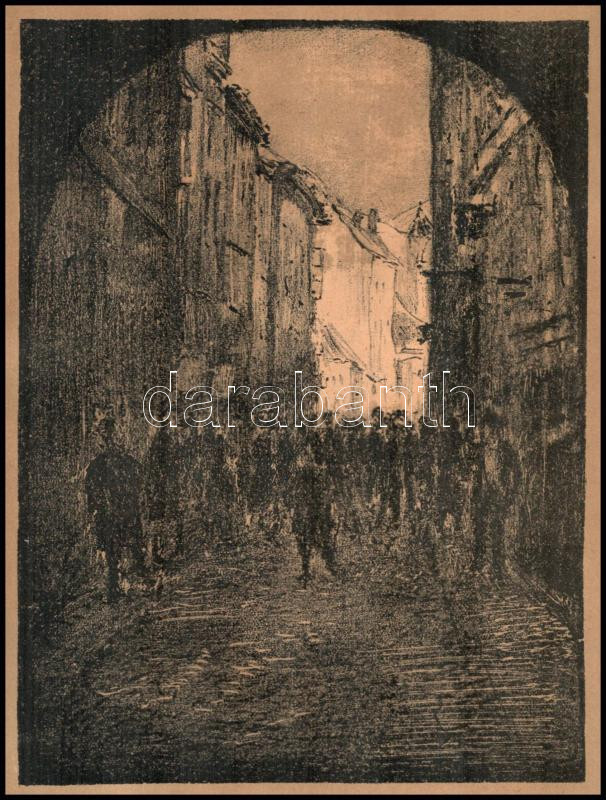 Kron Jenő (1882-1974): Olasz város. Litográfia, papír, jelzett, foltos, sérült, 19,5x14,5 cm - Image 2