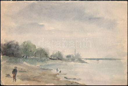 Csavlek András (1942- ): Duna-part. Akvarell, papír, jelzés nélkül, lap széle kissé sérült, 19,5x29,5 cm