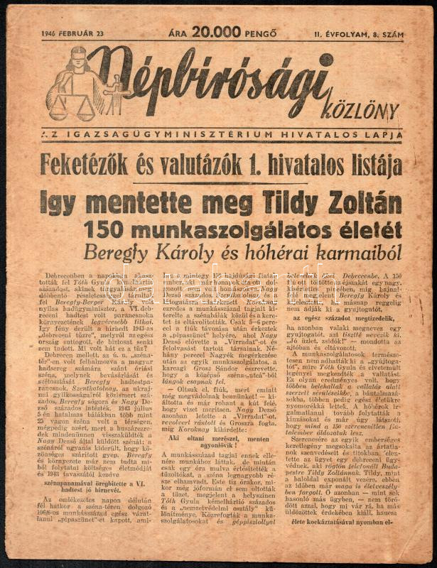 1946.II.23 Népbírósági Közlöny. II. évf., 8. sz., szakadással, kissé foltos