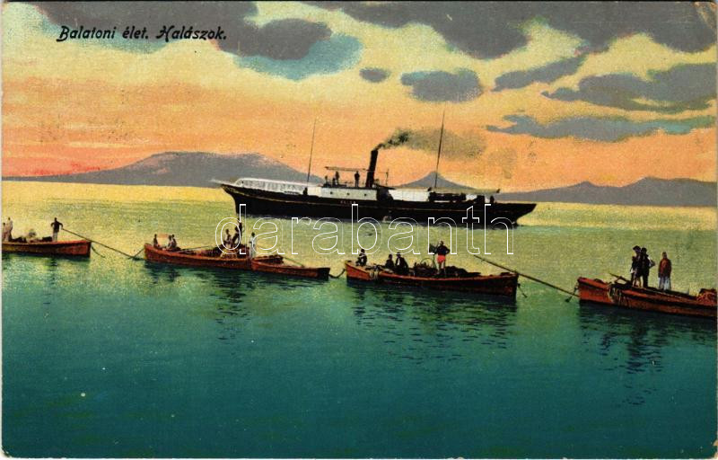 1916 Balaton, Balatoni élet, halászok, gőzhajó (EK)