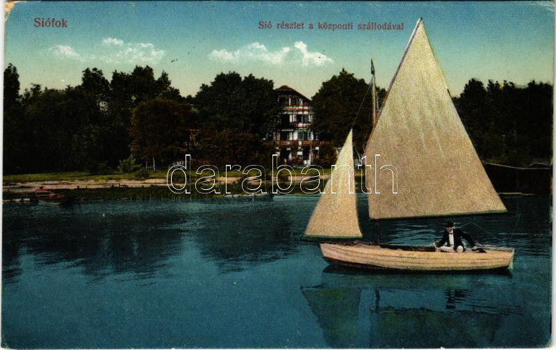 1916 Siófok, Sió részlet a központi szállodával, vitorlás (EK)