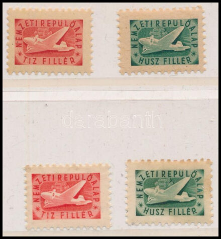 1946 Nemzeti Repülő Alap 10f, 20f segélybélyeg kétfajta minőségű papíron (összesen 4 db)