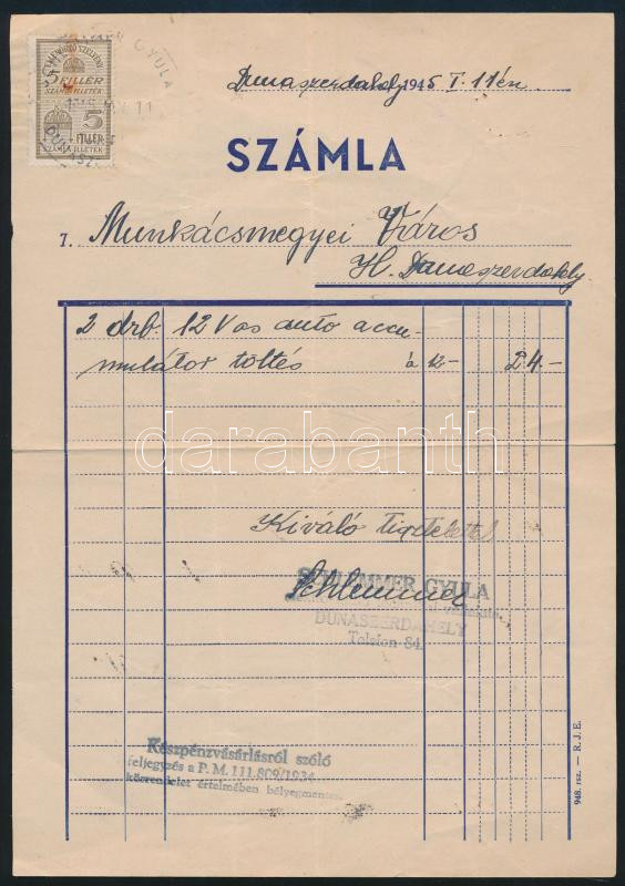 1945 Dunaszerdahelyi számla 5f számlailleték párral