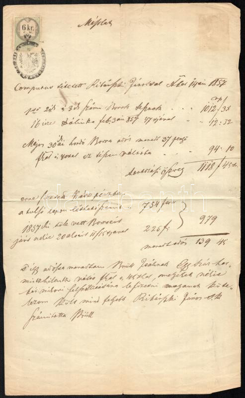 1857 Folyószámla másolat sérült 6kr C.M. okmánybélyeggel