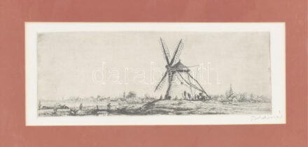 Boldizsár István (1897-1984): Tanya és szélmalom. Rézkarc, papír, jelzett, paszpartuban. 10,5x28cm