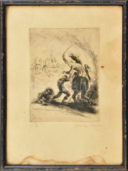 Szőnyi István (1894-1960): Csatajelenet. Rézkarc, papír, jelzett, foltos, kissé sérült. Üvegezett fakeretben. 14x10 cm