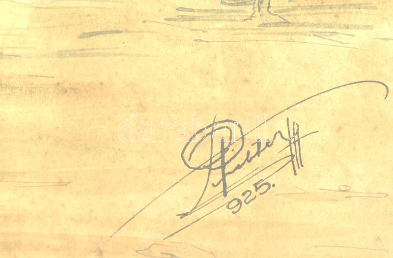 Olvashatatlan jelzéssel: Gésa. Akvarell, tus, papír. Üvegezett keretben. Kis ázásnyomokkal. 33x15 cm - Image 2