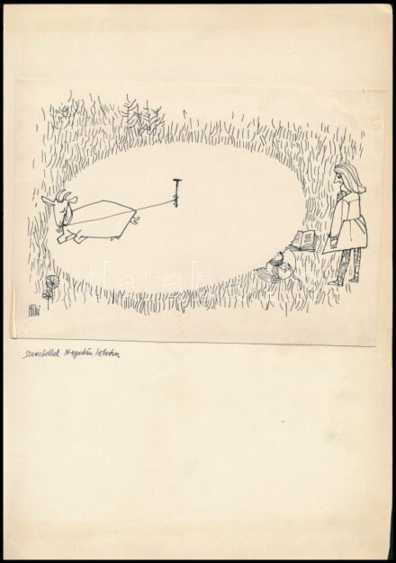 Hegedűs István (1932-2007): Kikötött kecske (karikatúra, cím nélkül). Tus, papír. Jelzett. Hegedűs István autográf ajándékozási soraival. Papírra kasírozva, 13,5×19,5 cm