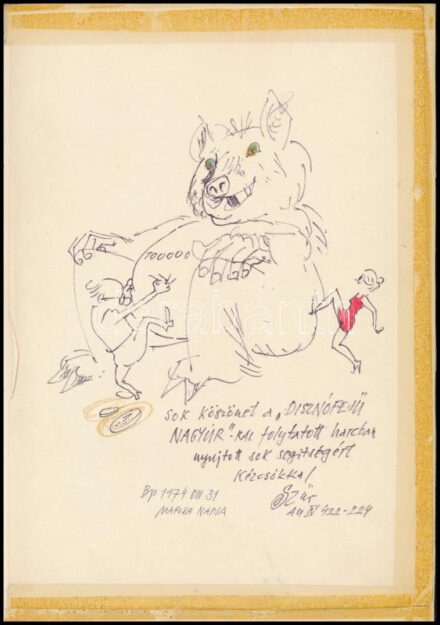 Szűr Szabó József (1902-1993): A 'Disznófejű nagyúr'-ral folytatott harcban (...), 1974 (karikatúra). Filctoll, papír. Jelzett. Szűr Szabó József autográf ajándékozási soraival. Lap széle ragasztószalaggal rögzített, 30×21 cm