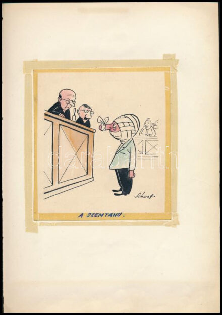 Schwott Lajos (1906?-1987): A szemtanú (karikatúra). Akvarell, tus papír. Jelezve jobbra lent. Ragasztószalaggal papírra kasírozva. 14,5×13 cm