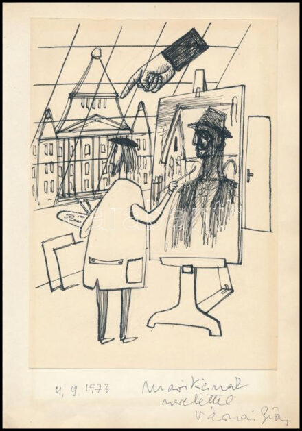 Várnai György (1921-1991): A festő műtermében (karikatúra). Tus, papír. Jelezve jobbra lent. Várnai György autográf ajándékozási soraival 1973-ból. Papírra kasírozva. 24x17 cm