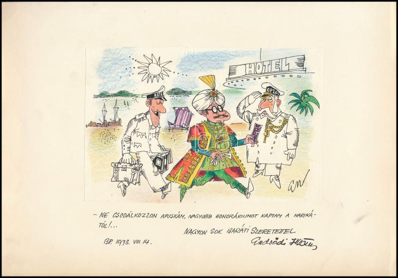 Endrődi István (1920-1988): 'Ne csodálkozzon apuskám, nagyobb honoráriumot kaptam a Marikától!...' (karikatúra). Tus, akvarell, ceruza, papír. Jelezve jobbra lent. Papírra kasírozva. Endrődi István autográf ajándékozási soraival