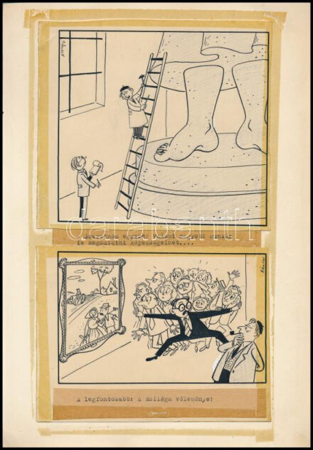 Sándor Károly (1915-1960), 2 db karikatúra: Szobrász műteremben és kiállításon. Tus, ceruza, karton. Mindkettő jelzett. Egy papírlapra kasírozva, ragasztószalaggal való rögzítés nyomaival. 14x16 és 11,5x15 cm