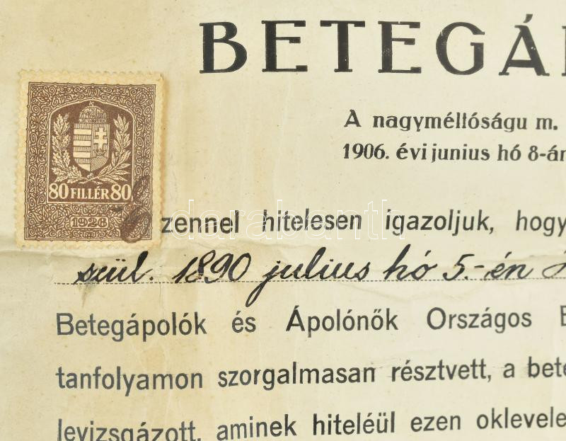 1928 Betegápolói oklevél 50x33 cm - Image 2