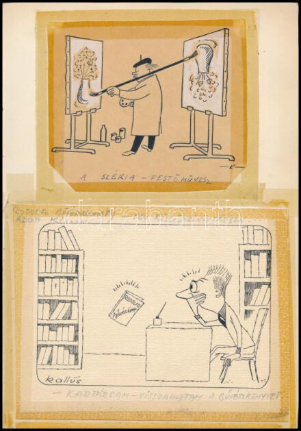 Kaján Tibor (1921-2016) és Kallus László (1924-1998), 2 db karikatúra egy lapon: A széria, festőművész és Rodolfo bűvészkönyve. Tus, papír. Mindkettő jelzett. Ragasztószalaggal papírra rögzítve. 12x14 és 15x19 cm