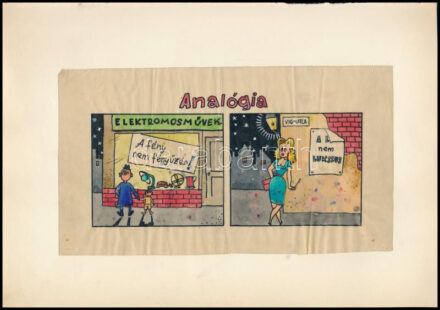 B jelzéssel, magyar grafikus, XX. sz. második fele: Analógia (karikatúra). Tus, akvarell, papír. Papírra kasírozva. 13x23 cm