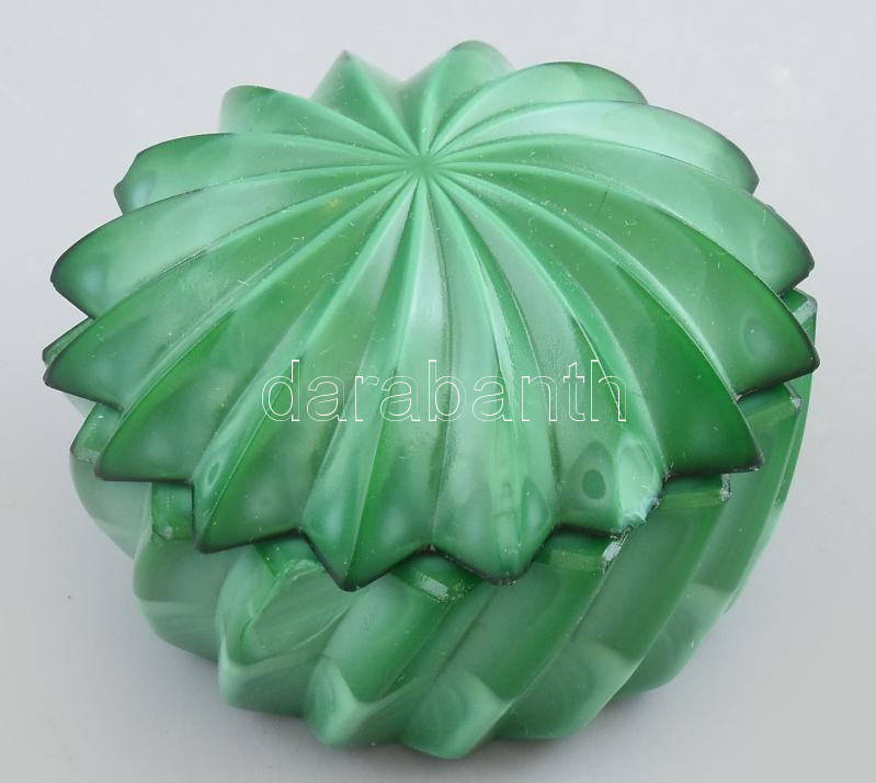 Cseh malachit üveg bonbonier, jelzés nélkül, hibátlan, d: 9 cm
