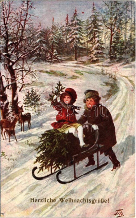 Herzlichen Weihnachtgrüsse! / Karácsonyi üdvözlet, szánkózó gyerekek / Christmas greeting, sledding. K. Ph. W. II. 1022. s: Tito