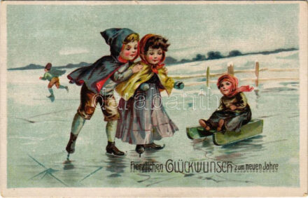 Herzlichen Glückwunsch zum neuen Jahre / Újévi üdvözlet, korcsolyázás / New Year greeting, ice skating. K.Ph. W. II. No. 198. litho