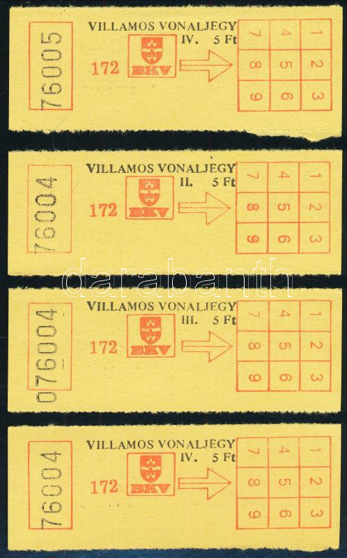 cca 1970 4 db használatlan BKV villamos vonaljegy