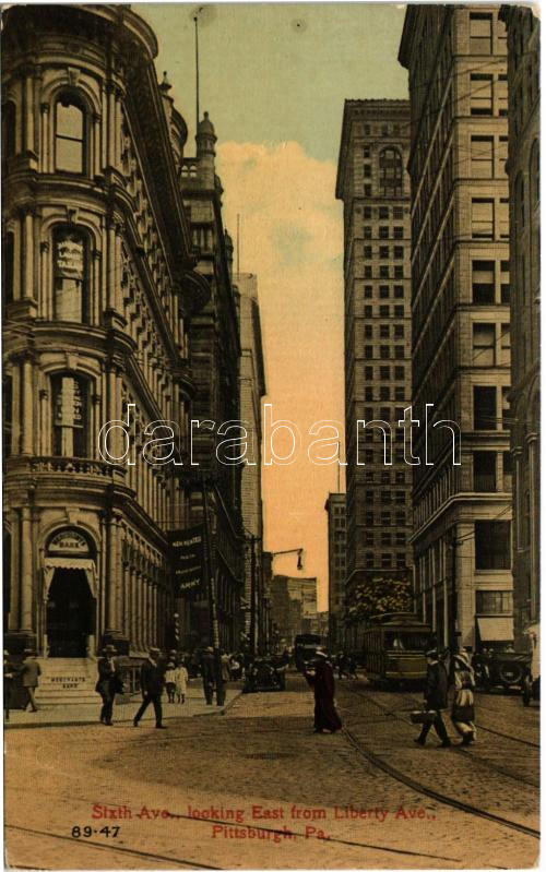 Pittsburgh (Pennsylvania), Sixth Ave. looking East from Liberty Ave., Mechants Bank, US Army Recruiting Station ('Men Wanted'), tram, automobiles (EK)