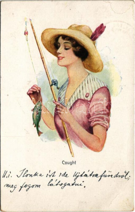 1917 'Caught' Lady art postcard, fishing. WSSB 4726. (EB)