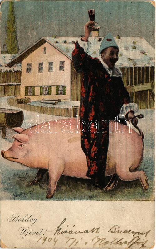 1903 Boldog Újévet! / New Year greeting art postcard, pig (kopott sarkak / worn corners)