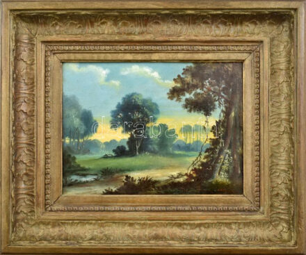 Aristide Robbes (19. század vége - 20. század eleje): Tájkép. Olaj, vászon, fára kasírozva, jelezve balra lent: A. Robbes. Dekoratív keretben. 17x22,5 cm