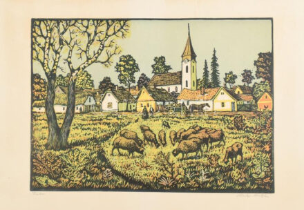 Réti Mátyás (1922-2002): Falu, színes linómetszet, papír, jelzett, kartonra kasírozva, lap széle vágott és kissé sérült, 28,5x40cm