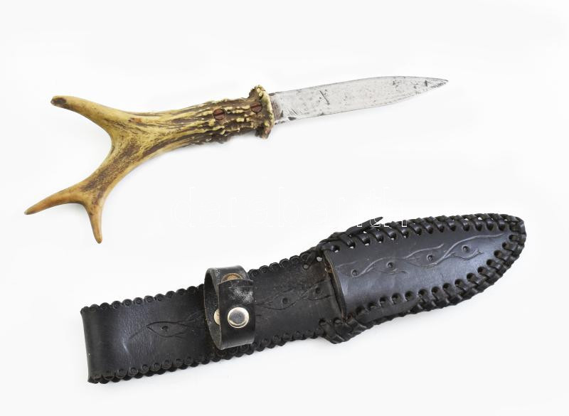 Agancsnyelű vadásztőr bőr tokkal 25 cm