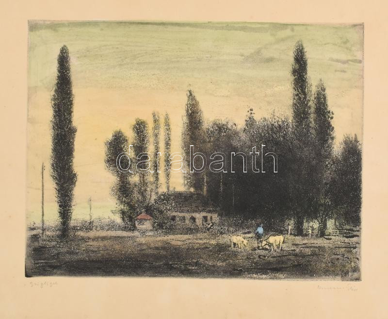 Konecsni György (1908-1970): Szigliget. Színezett rézkarc, papír, kartonra kasírozva, jelzett, 29×38 cm