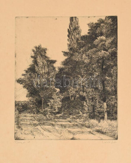 László Gyula (1910-1998): Tanyai út. Rézkarc, papír, jelzett, lap széle kissé foltos, kartonra kasírozva, 29×24 cm,