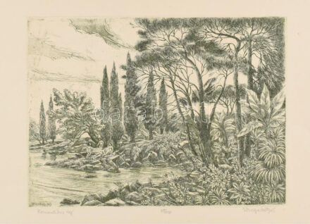 Varga Mátyás (1910-2002): Romantikus táj. Rézkarc, papír, jelzett, számozott (69/100), 29×39 cm