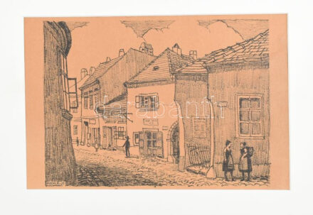 Mechle József (1893-1955): Szentlélek utca, Sopron, 1939. Litográfia, papír, jelzett a litográfián. Sopron a festő szemével, Mechle József [rajzai 12 táblán] c. mappából. Paszpartuban. 18,5x25 cm