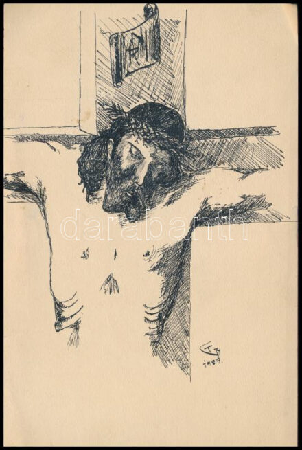 Tóth Gyula (1891-1970), 2 db rajz: Krisztus, 1909. Tus, papír, jelzett. 22x14 cm és Alföldi utcarészlet. Ceruza, karton, jelzés nélkül. 11x12,5 cm