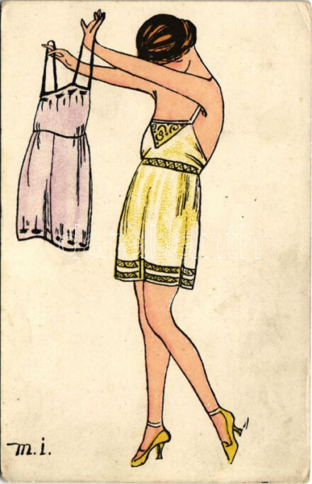 Finoman erotikus képeslap / Gently erotic litho art postcard s: M.I. (EK)