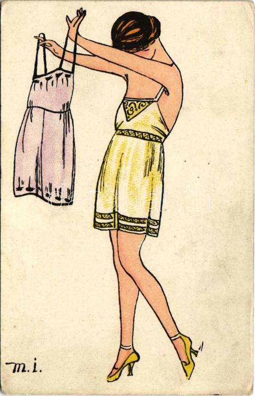 Finoman erotikus képeslap / Gently erotic litho art postcard s: M.I. (EK)