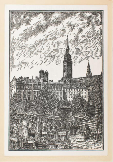 Jelzés nélkül: München, Viktualienmarkt (piac). Fametszet, selyem, kartonra kasírozva. 32,5x25,5 cm