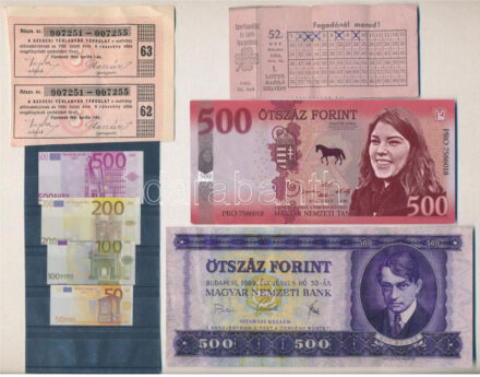 13db-os vegyes tétel, közte 1944. élelmiszerjegy, 4db 'mini Euro' bankjegy 50E, 100E, 200E és 500E címletekben (48x23mm és 60x30mm közti méretekben), 500Ft színházi kellékpénz, és 500Ft 'Soros pénz' T:vegyes