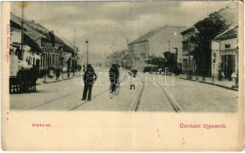 Budapest IV. Újpest, Árpád út, kerékpáros. Schön Bernát kiadása (EK)