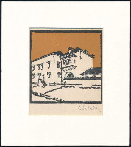 Kós Károly (1883-1977): Emeletes ház. Linómetszet, papír, utólagos jelzéssel, paszpartuban, 11x11 cm