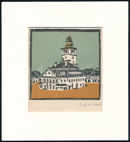 Kós Károly (1883-1977): Városháza. Linómetszet, papír, jelzett a dúcon, kartonra kasírozva, körbevágott, 11x11 cm