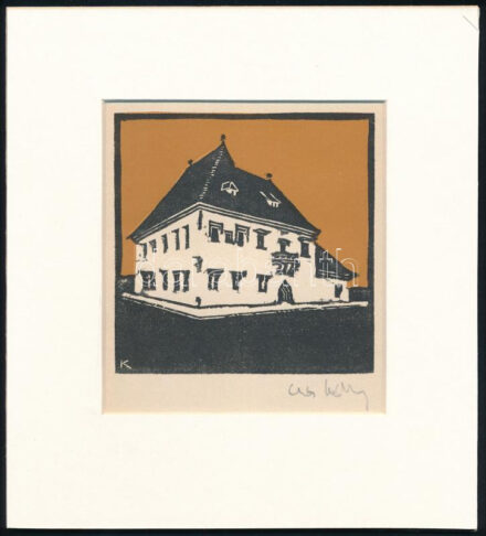 Kós Károly (1883-1977): Kúria. Linómetszet, papír, jelzett a dúcon, kartonra kasírozva, körbevágott, 11x11 cm