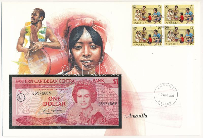 Kelet-Karibi Államok / Anguilla 1985-1988. 1D felbélyegzett borítékban, bélyegzéssel T:I Eastern Caribbean States / Anguilla 1985-1988. 1 Dollar in envelope with stamp and cancellation C:UNC