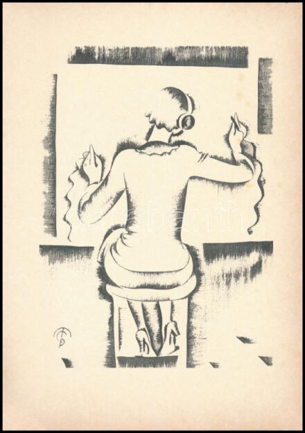 Molnár C. Pál (1894-1981): Telefonos kisasszony. Kis szériás ofszet, papír, kissé foltos, 29,5×21 cm