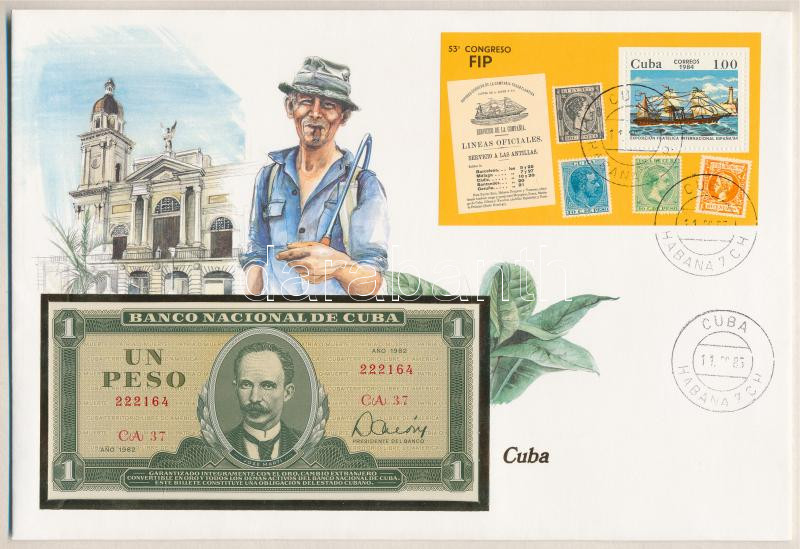 Kuba 1982. 1P felbélyegzett borítékban, bélyegzéssel T:I Cuba 1982. 1 Peso in envelope with stamp and cancellation C:UNC