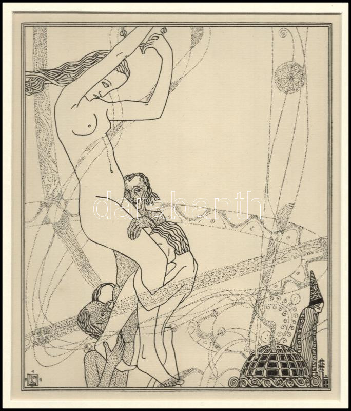 Kozma Lajos (1884-1948): Körforgás. Cinkográfia, papír, jelzett a cinkográfián, paszpartuban, 20×17 cm - Image 2