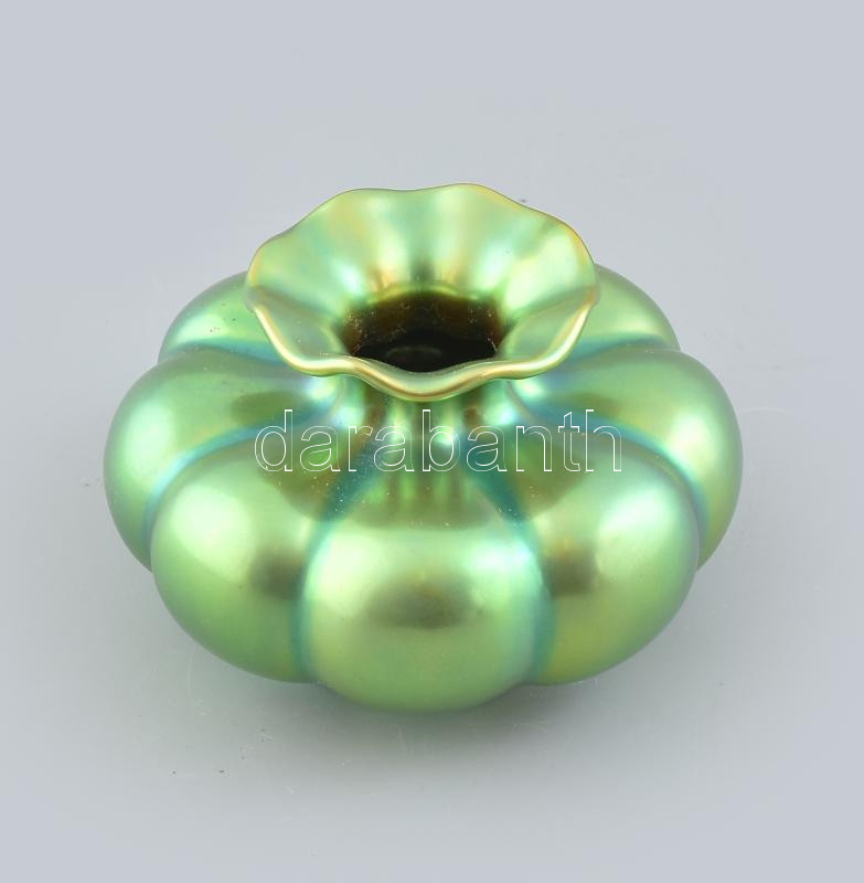 Zsolnay zöld eozin mázas paradicsom váza, jelzett, hibátlan, m:10 cm, d:11 cm