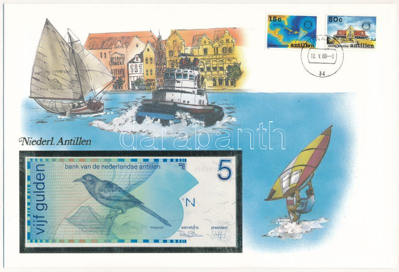 Holland-Antillák 1986. 5G borítékban, alkalmi bélyeggel és bélyegzéssel T:I Netherlands Antilles 1986. 5 Gulden in envelope with stamps and cancellations C:UNC
