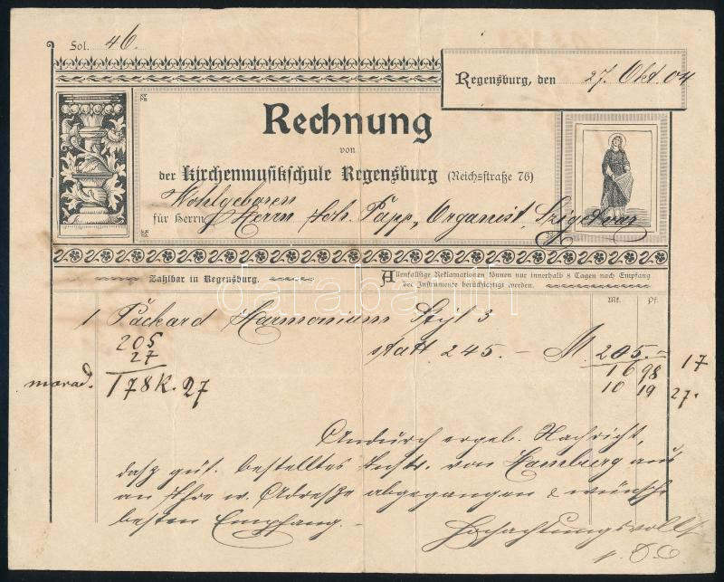 1904 Papp nevű szigetvári orgonaművész által vásárolt 'Packard Harmonium' számlája a bajorországi Regensburgból